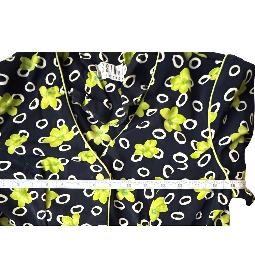 Lissinni Collection Midi Dress 10 Black Lime Green Floral Geometric V-Neck Retro - Picture 4 of 5